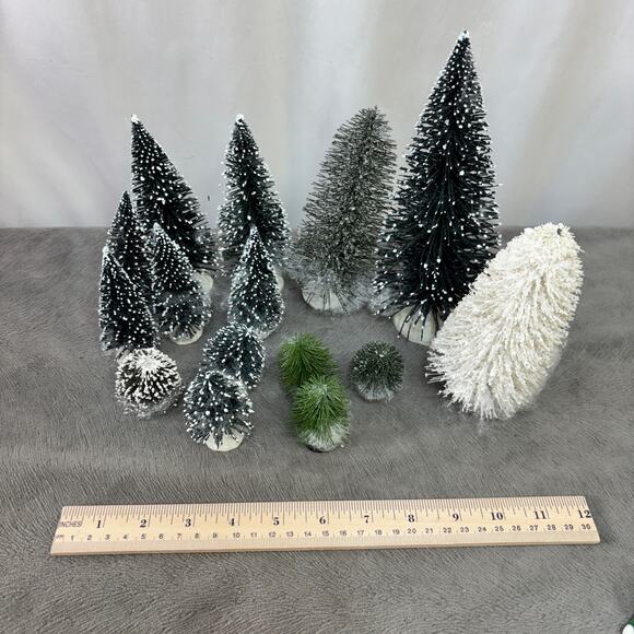 Evergreen Bottle Brush Trees Shrubs Lot of 15 Christmas Village Lemax More Snowy - Picture 3 of 4